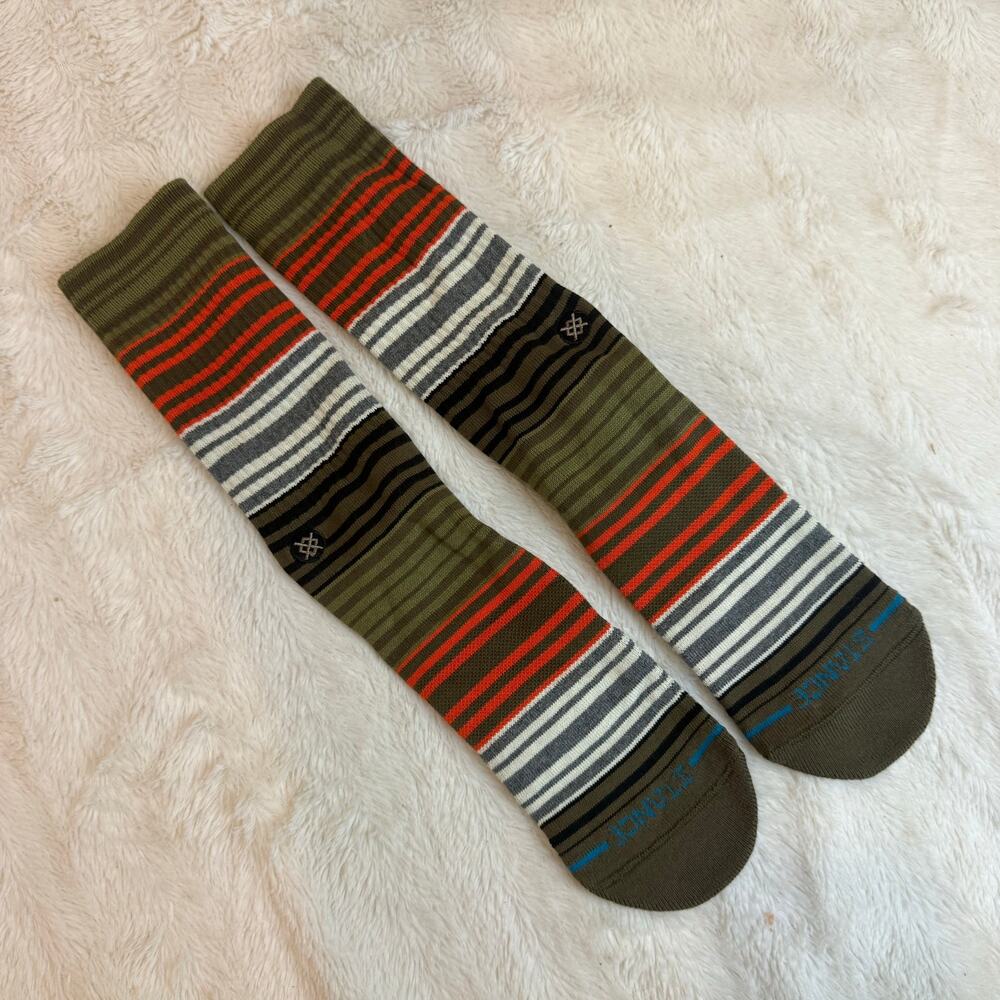 Stance Green Stripe Casual Mid Crew Socks White Orange Black L Large LRG
